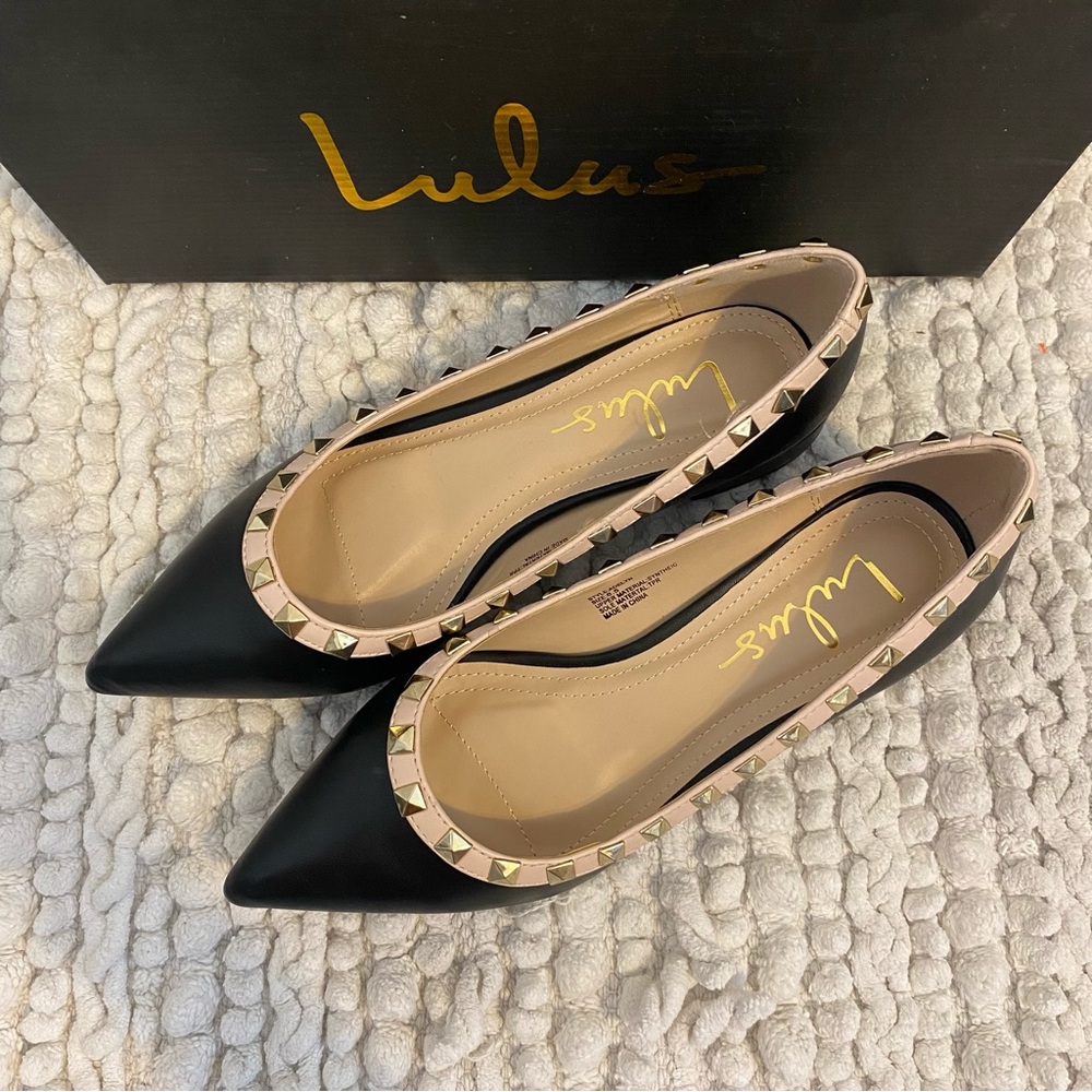 Lulus Adelyn Black Studded Low Pointed-Toe Heels Size 6.5